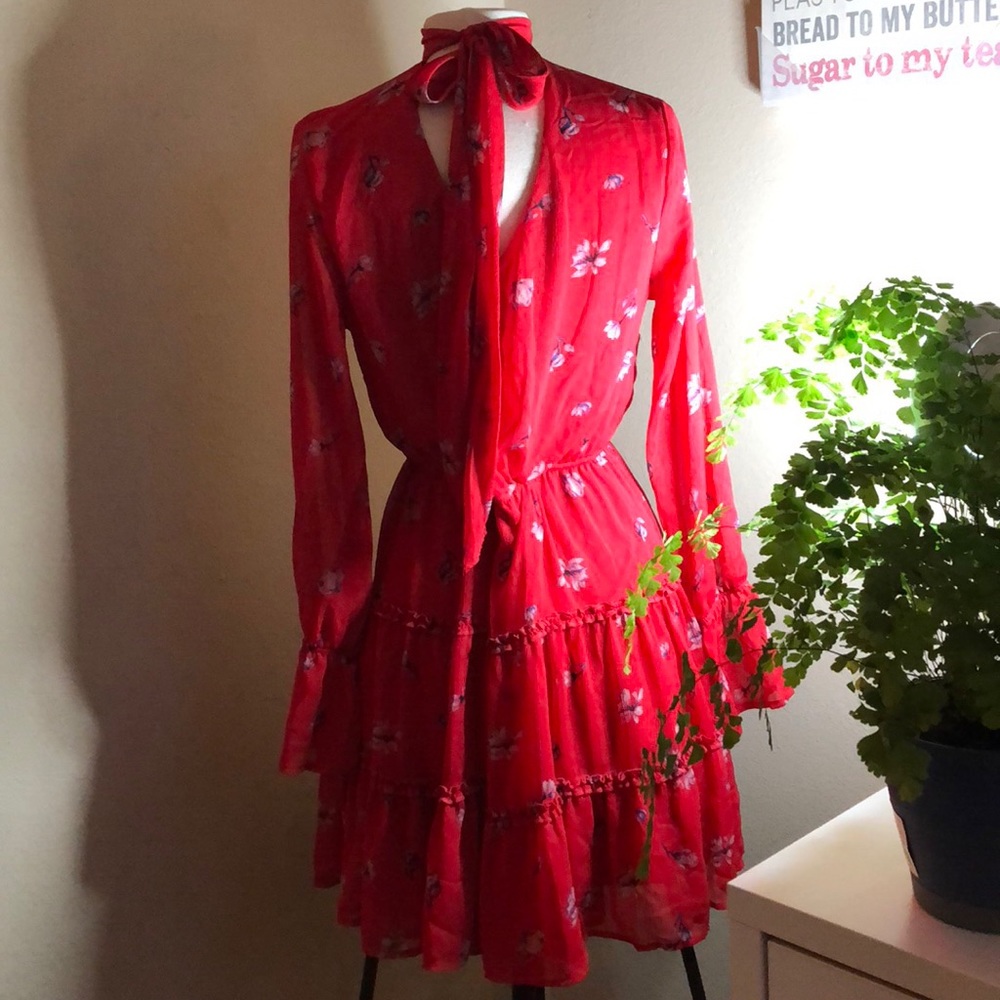 Xhilaration red floral long bell sleeve tier dress
